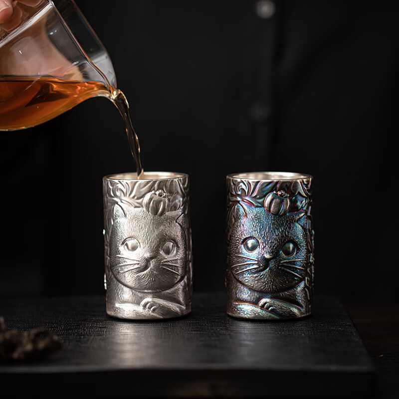 苏氏陶瓷/SUSHI CERAMICS a 鎏银天柱古猫对杯非遗大师郑文强作品