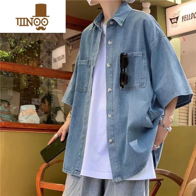 YANXU肥佬300斤薄款牛仔短袖衬衫男夏季痞帅ins加肥加大码宽松衬衣外套高清大图