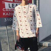 夏季年轻麻料透气印花男士中袖T恤潮港风五分袖圆领男装T恤衫大码