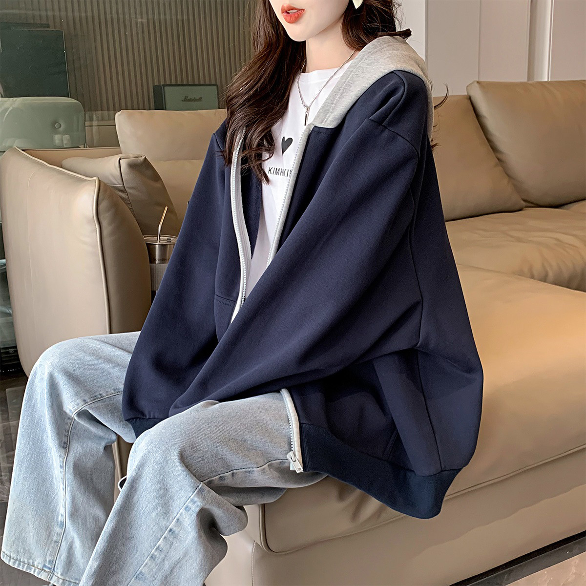 [1折价62.9元叠加优惠券]唐狮春季外套女装连帽拼接设计感韩版别致百搭开衫