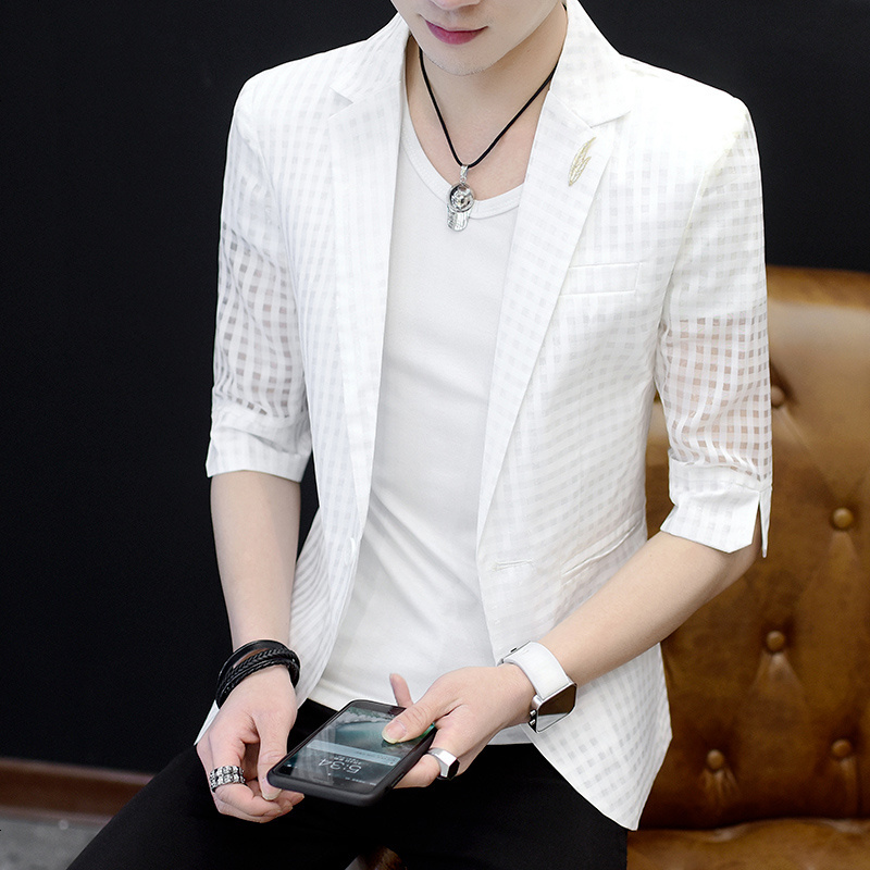 男士个性七分袖西服发型师镂空外套潮男装夏季韩版薄款中袖小西装