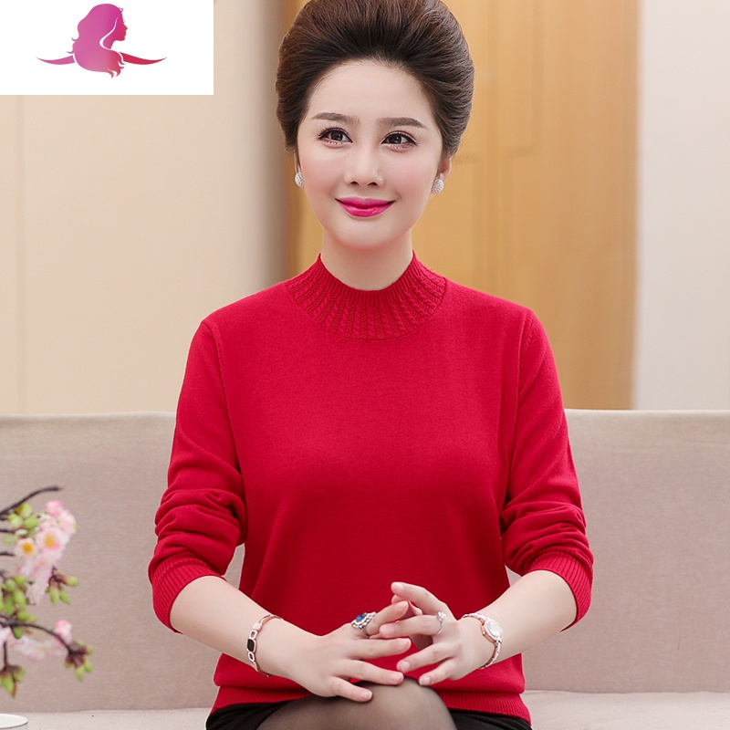 艳如飞中年妈妈装春秋打底衫新款上衣50岁中老年女装长袖短款春装毛衣妈妈装