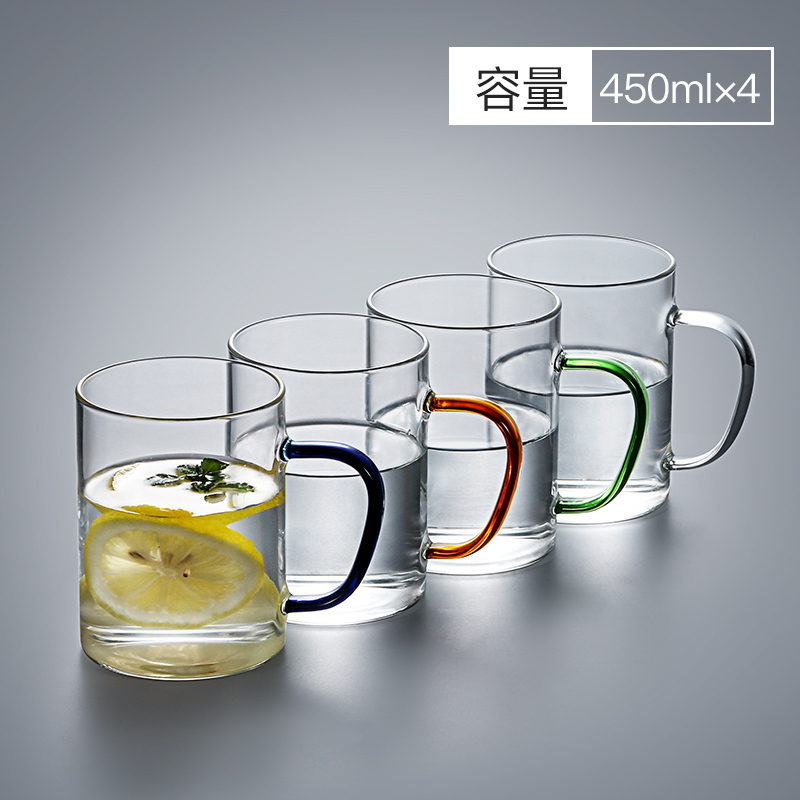 家用简约玻璃杯带把手大容量透明耐热客厅喝水杯牛奶泡茶杯子套装 简约杯450ML(4只混色装)+茶盘+冷水壶2000ML高清大图