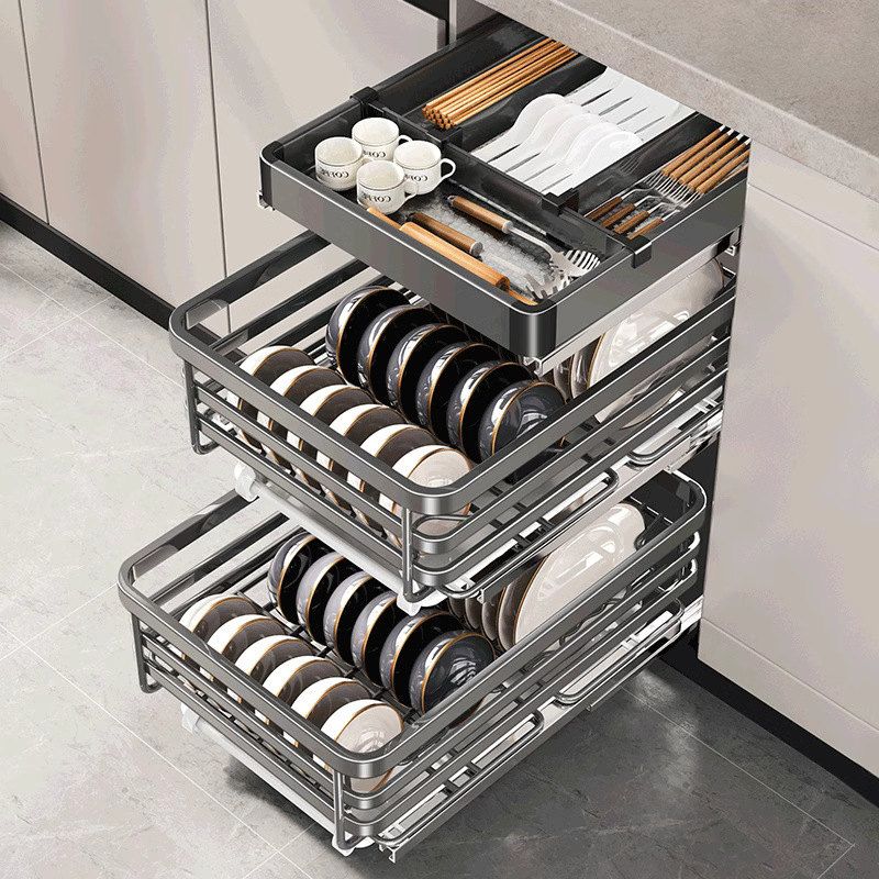 不锈钢小尺寸单门橱柜拉篮厨房抽屉开门式碗碟盘架工具拉蓝阻尼轨高清大图
