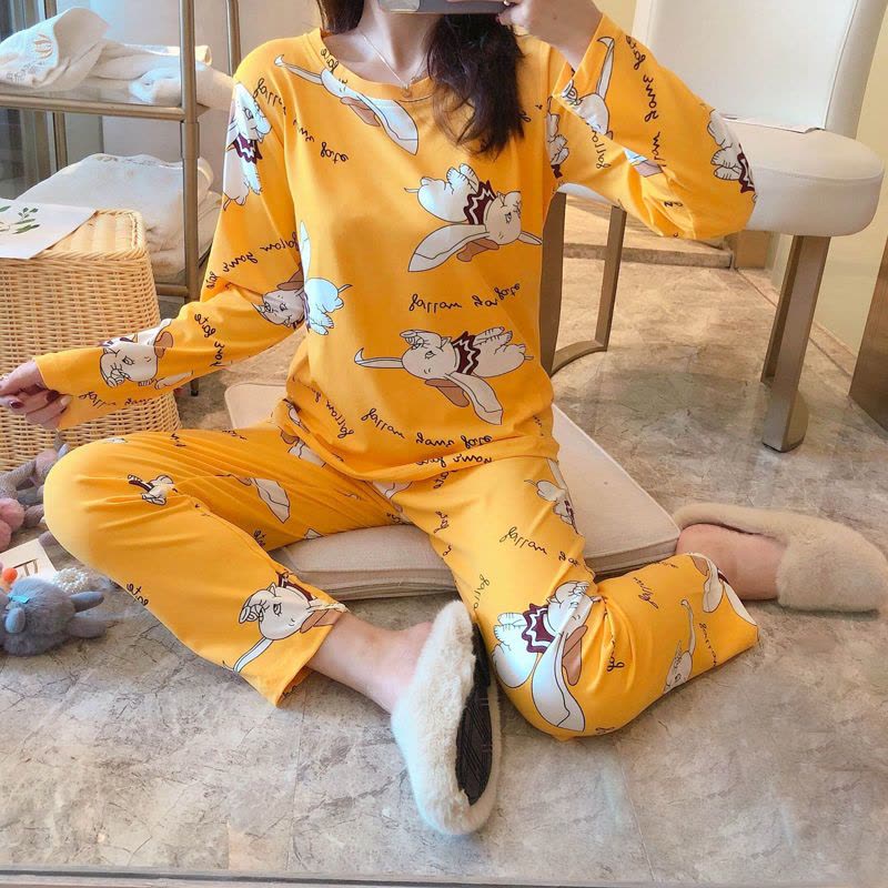 睡衣女长袖春秋款学生韩版可爱薄款宽松大码睡衣女冬季套装家居服图片