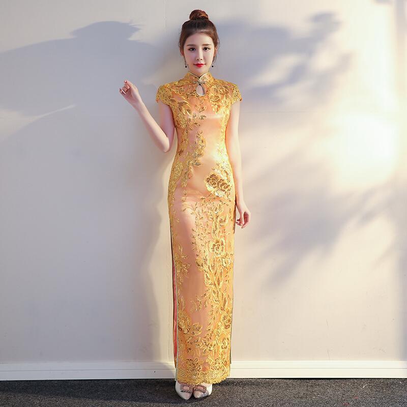 少女旗袍礼服女长款2018新款金色时尚显瘦年会晚会聚会走秀演出裙