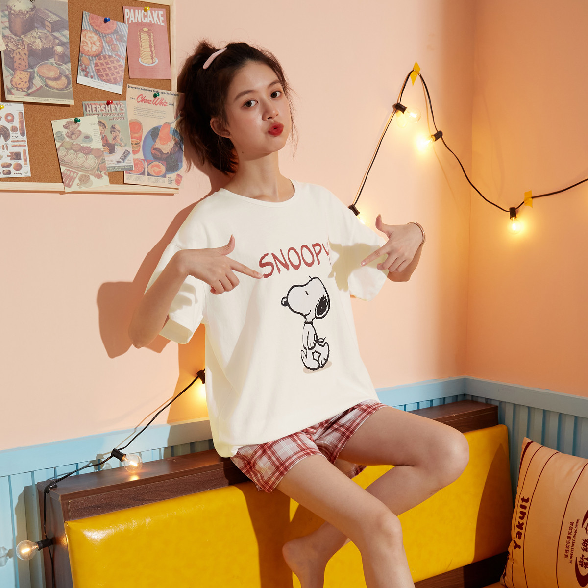 睡衣女夏女士家居服短袖史努比休闲套装女夏季薄款浅紫睡衣_7858 M 米白