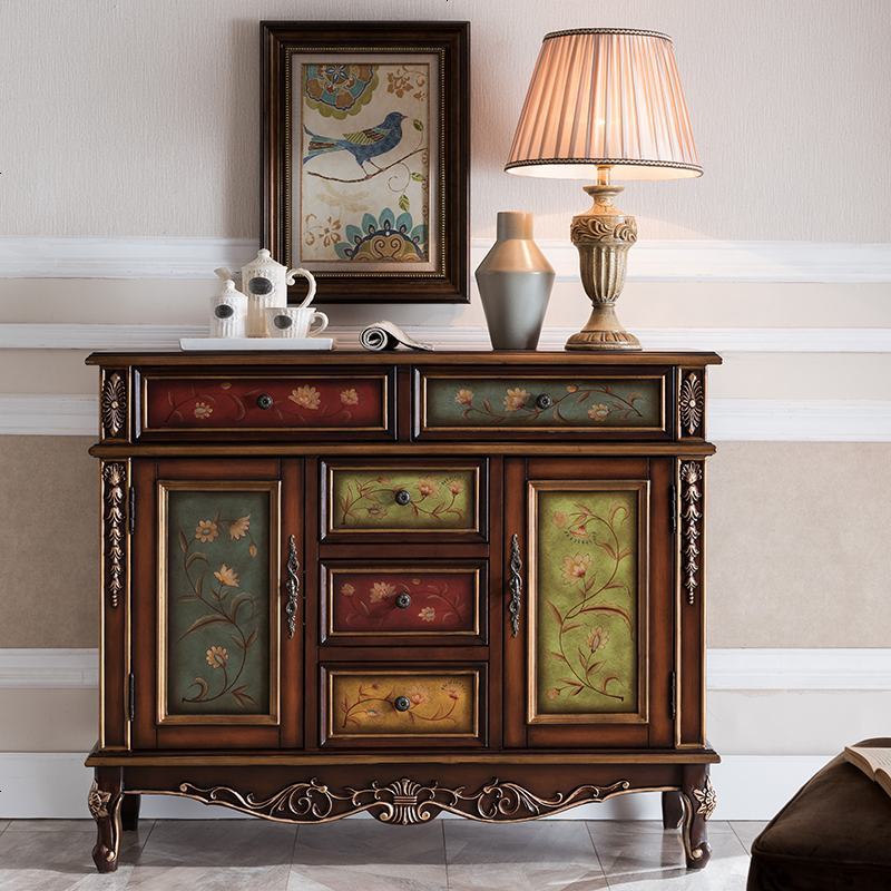 欧式餐边柜实木美式乡村鞋柜复古玄关柜子雕花描金厅备餐柜家具