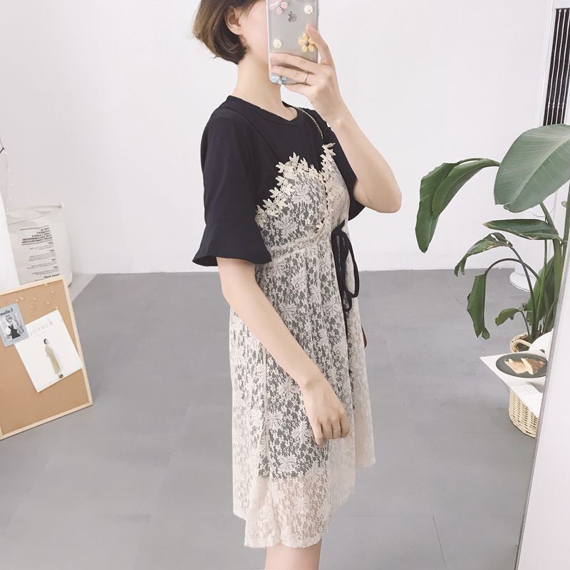 夏季新款女装短袖打底T恤裙甜美蕾丝钩花带连衣裙学生两件套女浅蓝色均码