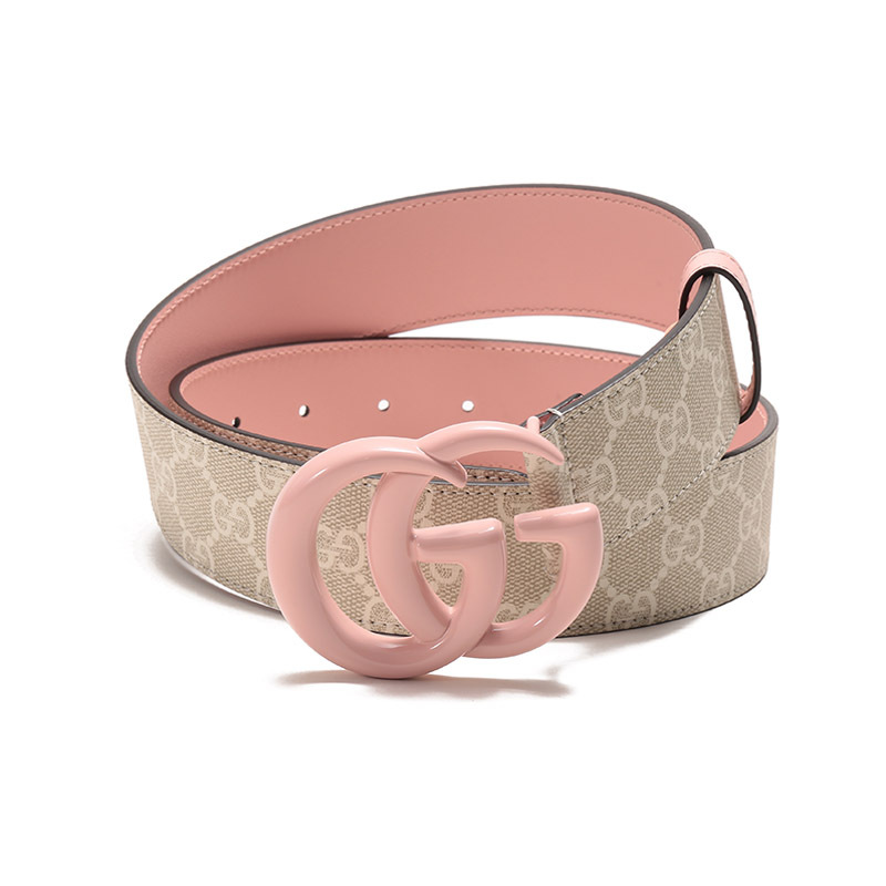 gucci 女士帆布/皮革淡粉色/米色白色双g不可裁剪双g带扣宽版腰带皮带