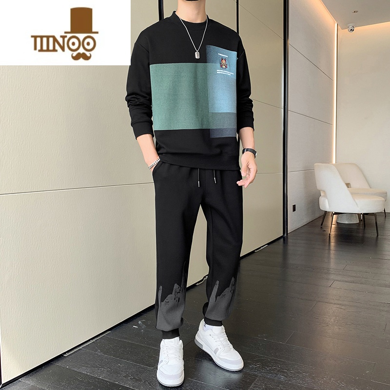 YANXU2023新款休闲运动套装男潮牌百搭高街撞色卫衣一套搭配秋装 黑色 L推荐105-120斤