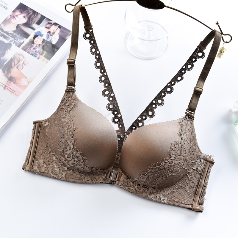 hlcoman无钢圈性感内衣套装女聚拢小胸前扣文胸美背上托防下垂厚薄款