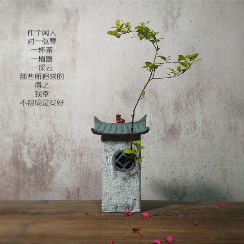 禅意陶瓷小花瓶家居创意茶道茶艺摆件桌面客厅新中式小花盆装饰品 三维工匠 J款.陶然水榭花插+白瓷小生高清大图