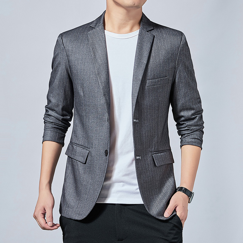 男装休闲西装外套中年春秋韩版修身商务小西服男潮竖条纹亮面 klgg203