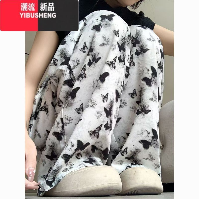 YIBUSHENG水墨新中式阔腿裤女季薄款高腰蝴蝶休闲直筒扎染国风冰丝防晒裤 白色 L建议100-110斤