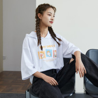 [1.5折价39元叠加优惠券]唐狮夏卫衣女纯棉连帽七分袖上衣t恤卡通印花可爱ins