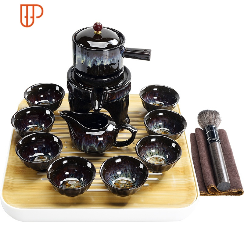 家用天目釉陶瓷窑变建盏功夫茶具套装自动石磨器泡茶器