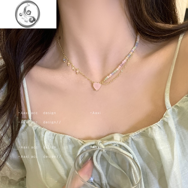 JiMi夏季水晶串珠爱心彩色拼接项链少女森系气质网红温柔锁骨链choker