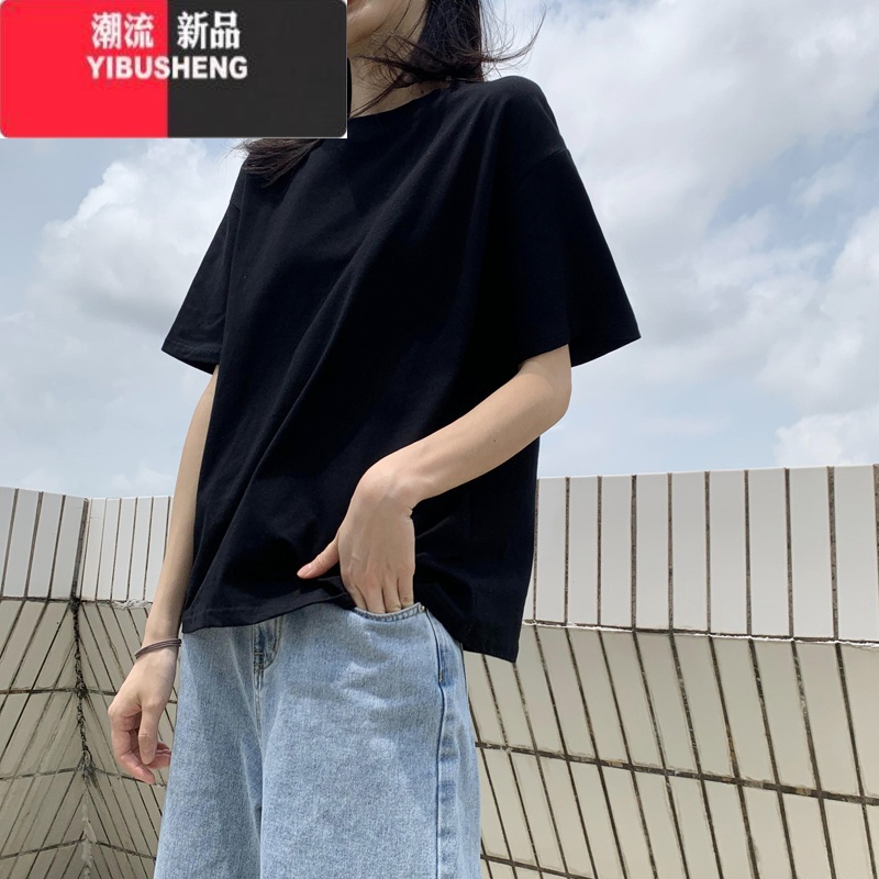 YIBUSHENG棉质装短袖t恤女黑色宽松显瘦半袖大码韩版2023新款上衣服ins潮高清大图