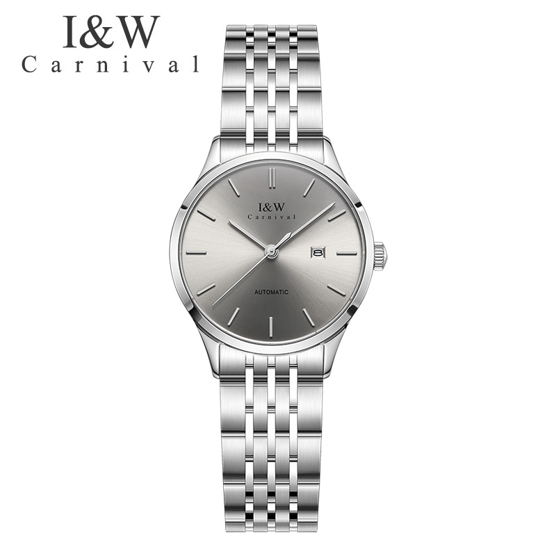 【苏有朋代言】手表嘉年华爱沃驰I&W CARNIVAL全自动机械表女士进口机芯时尚防水简约女表轻奢气质腕表8508 本色灰面