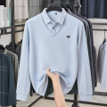 新款男士长袖T恤秋季翻领商务polo衫中年宽松休闲假两件打底衫男 M 浅蓝