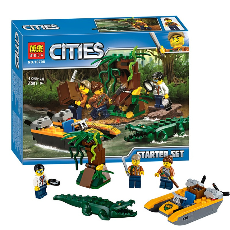 城市警系列丛林入套装火山探险车直升机兼容乐高积木玩具60157丛林