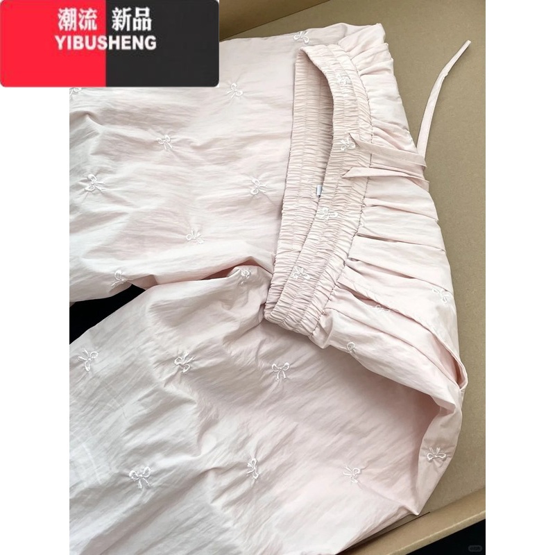 YIBUSHENG蝴蝶结刺绣粉色休闲裤子女季薄款慵懒松弛感山本裤直筒阔腿长裤高清大图