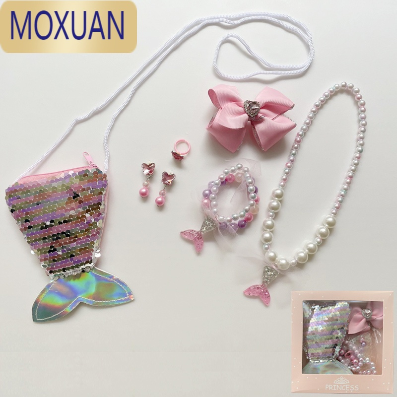 MOXUAN儿童美人鱼包包项链公主饰品套装女童首饰头饰发夹女孩生日礼物