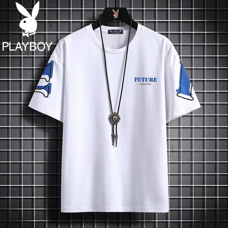 花花公子夏季新款潮流字母印花短袖T恤男圆领宽松五分袖打底青年