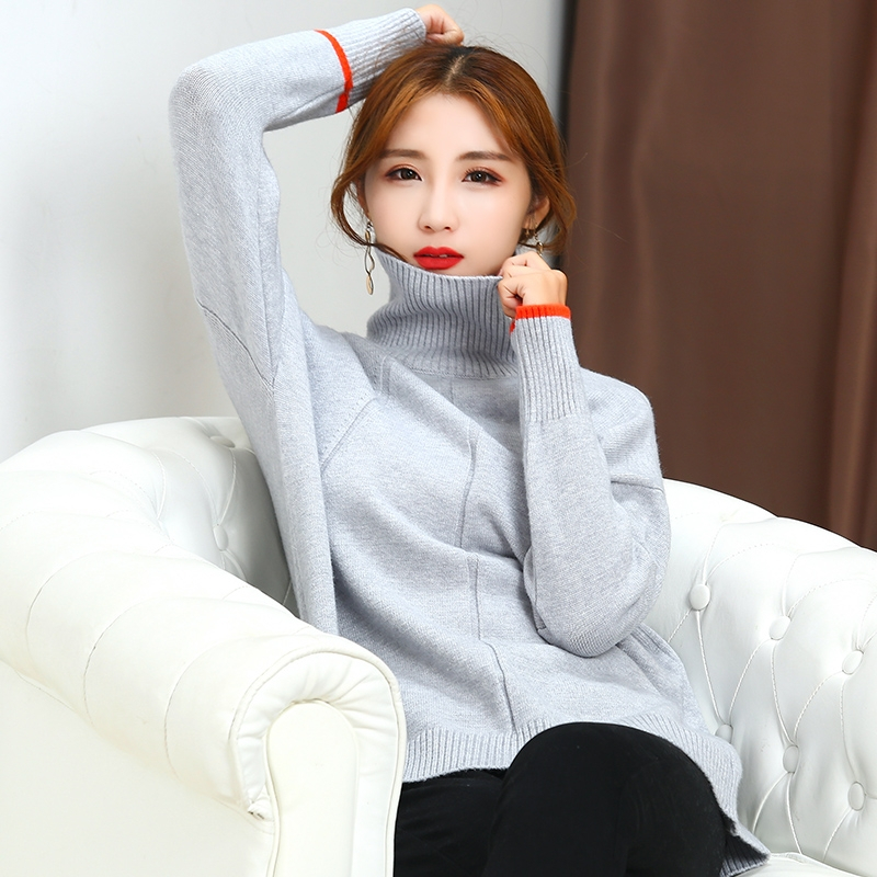 18新款毛衣宽松女士高领中长款羊毛衫套头针织衫撞色毛衣外穿