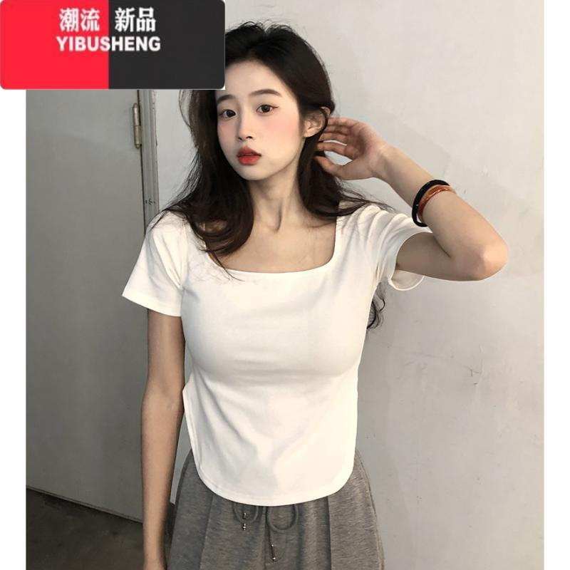 YIBUSHENG白色方领正肩短袖t恤女季收腰遮肚显瘦纯欲短款不规则上衣辣妹