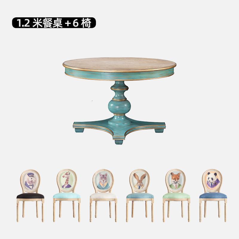 BONJEAN美式圆形餐桌椅组合地中海风格小户型餐厅家用田园一桌6椅饭桌子 一桌6椅