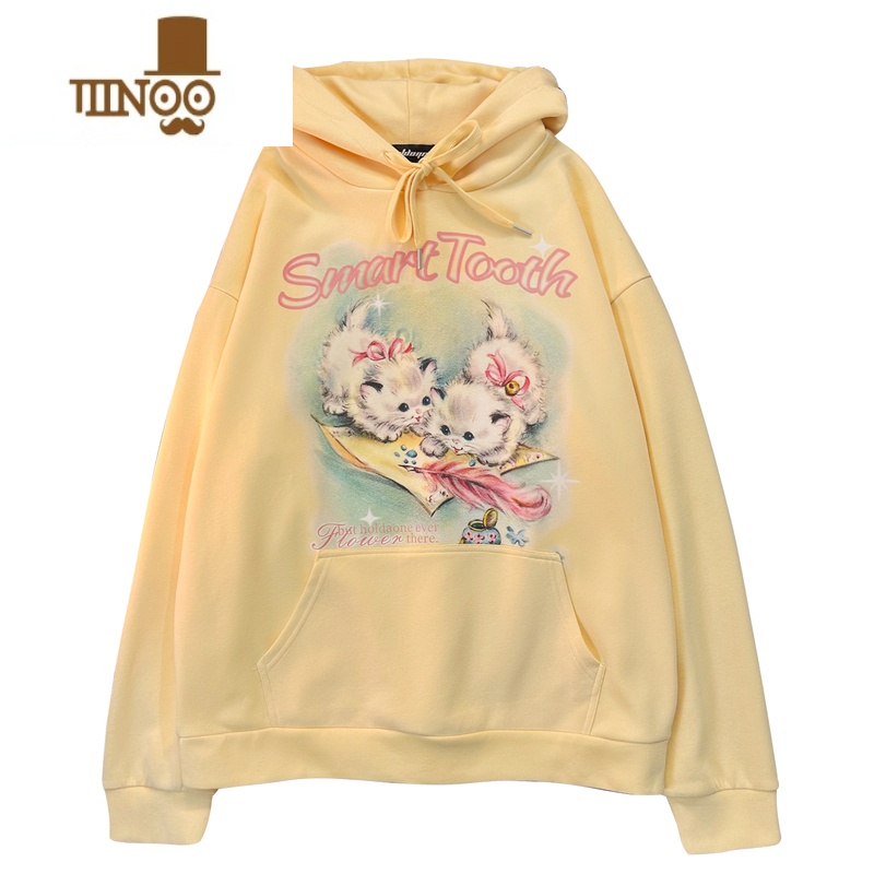 YANXUCURPOPP 甜美小猫咪连帽卫衣男早秋奶系oversize宽松情侣上衣高清大图