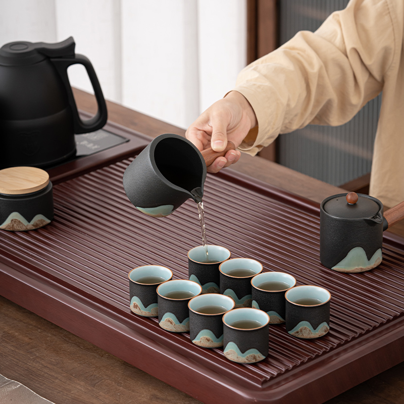 苏氏陶瓷(SUSHI CERAMICS)茶具套装电木色款自动烧水壶一体配整套国潮风釉画彩千里江山茶杯