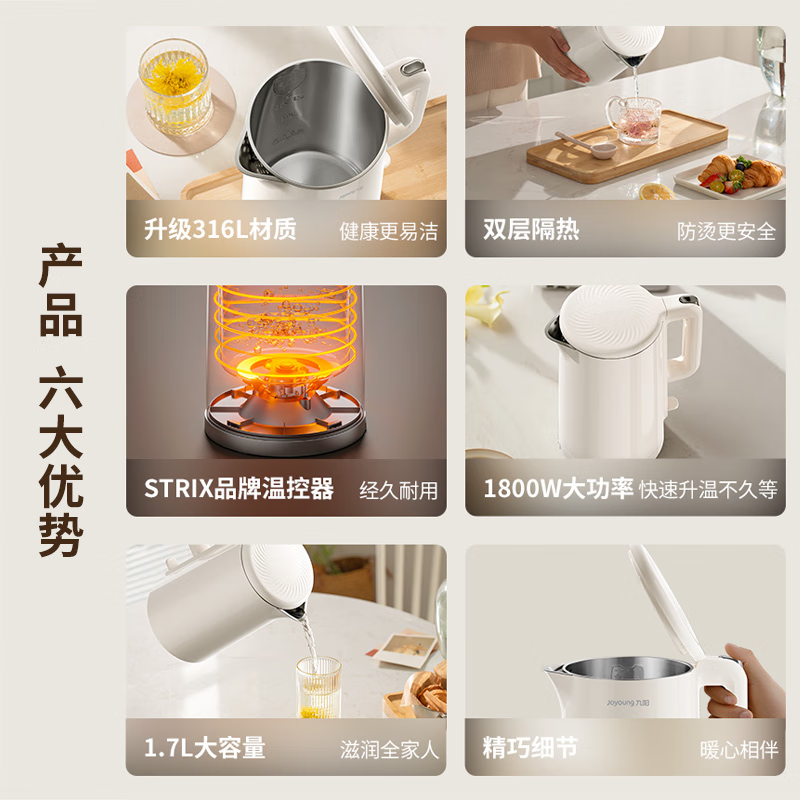 九阳(Joyoung)电水壶316L不锈钢家用烧水壶一键烧水进口温控器自动断电开水煲 白色[K17FD-W700 1.7高清大图