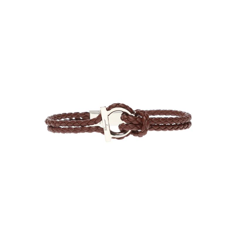 Salvatore Ferragamo男士棕色编织手链 磁扣设计银色金属装饰时尚饰品