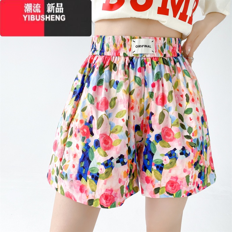 YIBUSHENG油画碎花阔腿裤女季松紧腰宽松a字短裤小个子显瘦休闲热裤薄薄高清大图