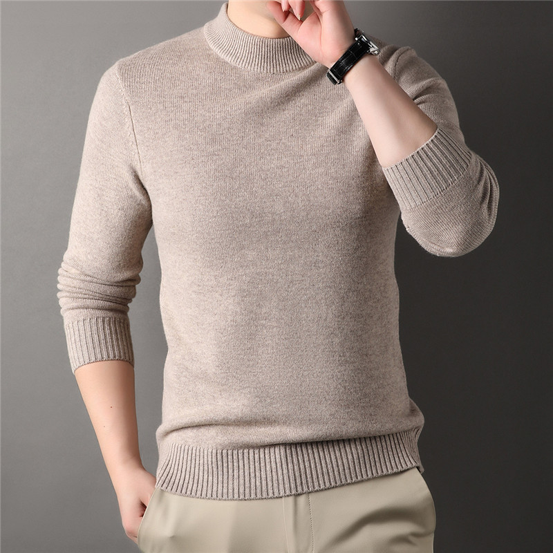 加厚羊毛衫男420g半高领秋冬季可机洗保暖纯色针织打底毛衣男款 卡其 L/110-推荐120-140斤