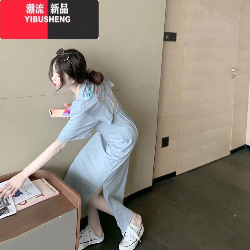 YIBUSHENG2023年不规则设计感长款过膝开叉裙子女季小心机露腰宽松连衣裙