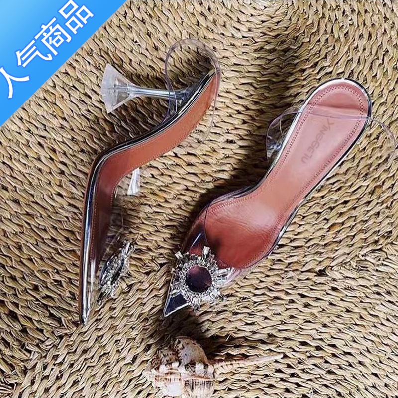 SUNTEK网红水钻凉鞋软细跟水晶不磨脚仙女鞋性感包头名媛透明高跟鞋高清大图