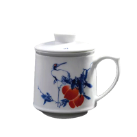 景德镇陶瓷杯手绘茶具青花瓷陶瓷办公杯茶杯水杯松鹤寿桃680ml