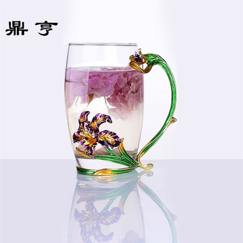 鼎亨鸢尾花珐琅彩玻璃水杯花茶杯柠檬杯女生水杯耐热玻璃杯凉水壶