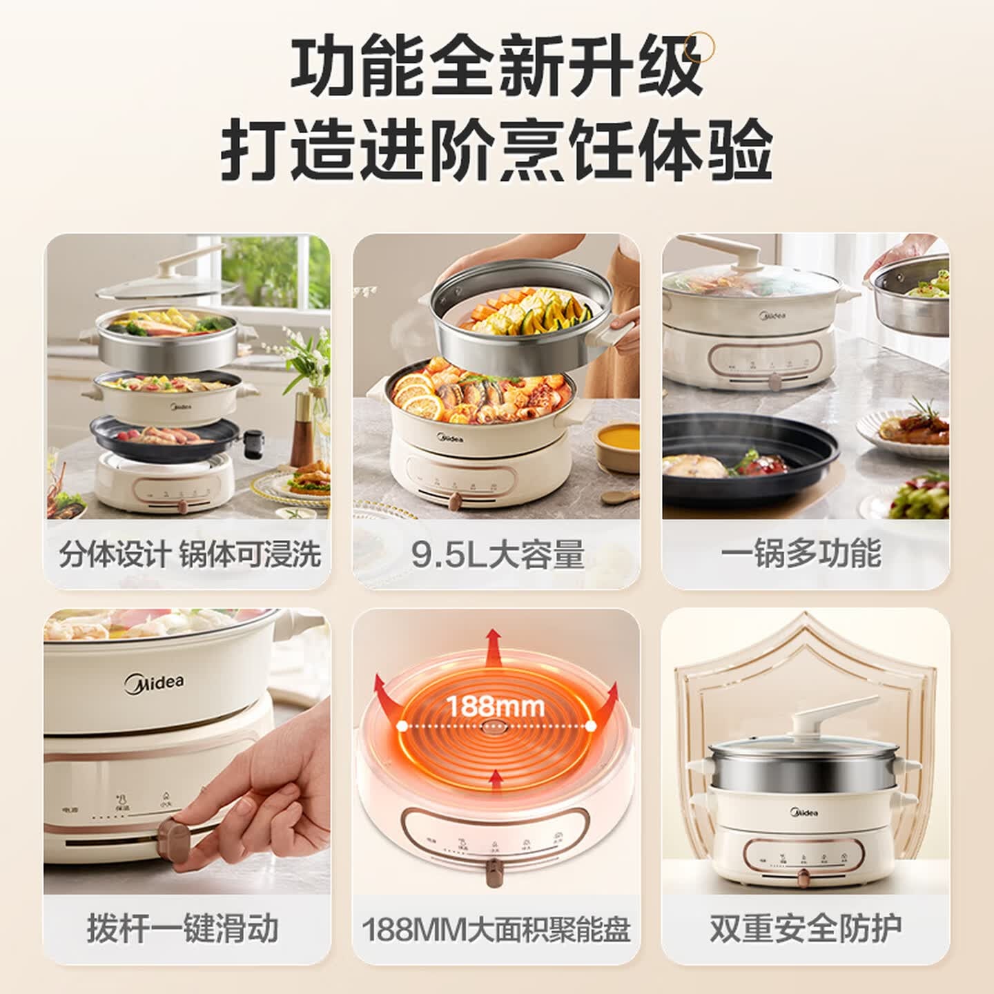 美的(Midea)[品牌直营]多功能锅 分体式电火锅超速沸烤肉锅一锅多用电煮锅火锅 9.5L高清大图