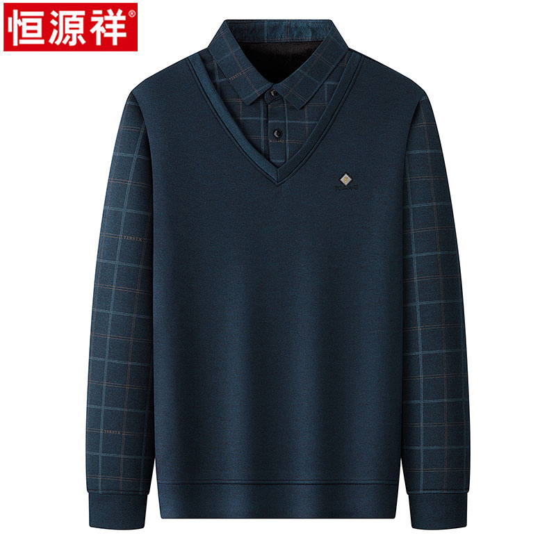 恒源祥男士假两件长袖t恤中老年爸爸卫衣秋冬打底衫加绒内搭上衣高清大图