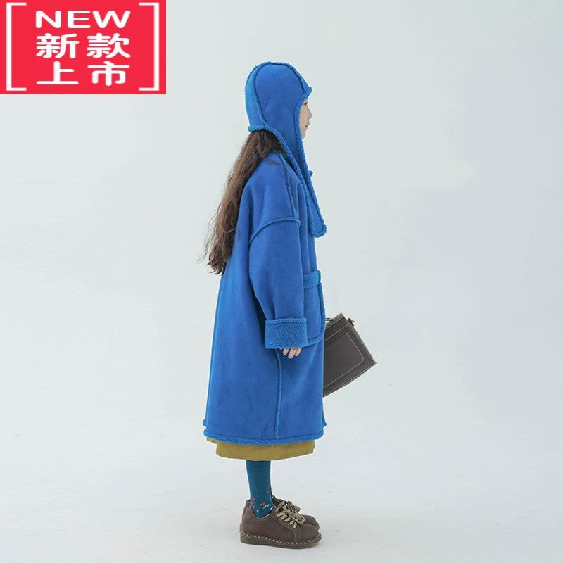 可莉允原创设计儿童大衣外套秋冬2022新品蓝色仿一体长款棉服图片