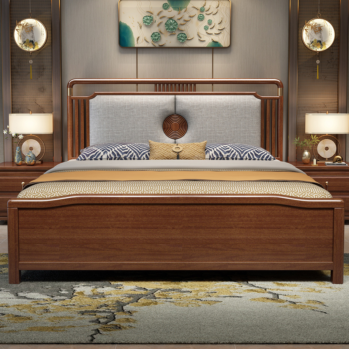 木格尚品 中式胡桃木实木床现代卧室主卧1.
