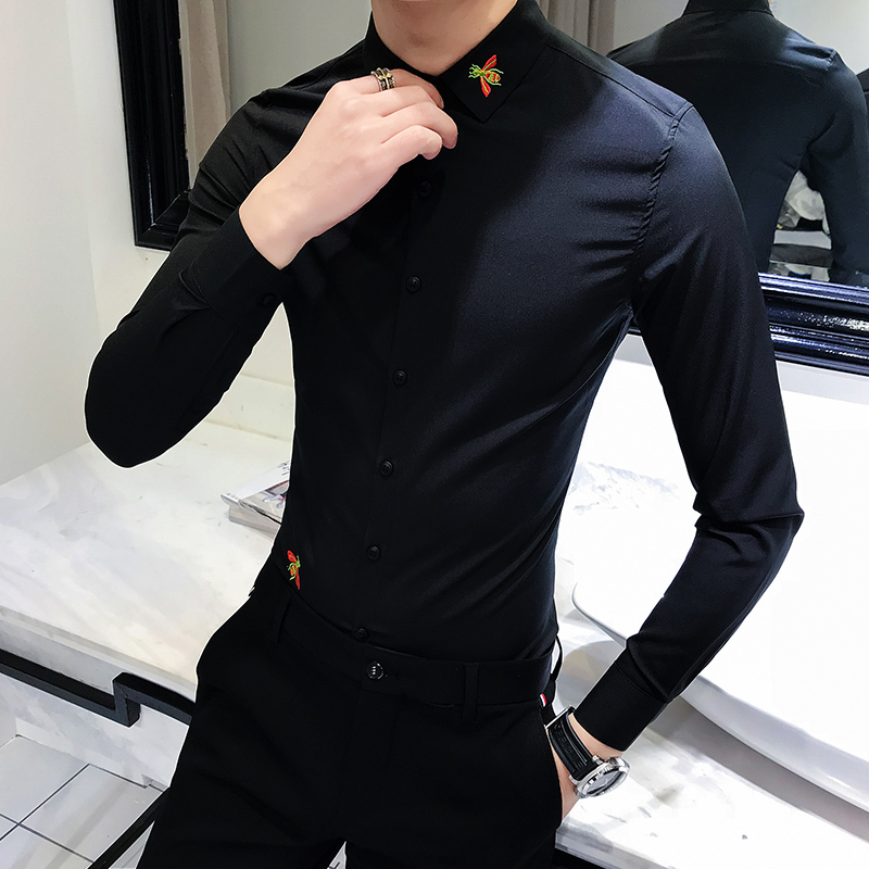 刺绣花小蜜蜂春夏新款时尚个性韩版修身衬衣青年型师百搭衬衫男