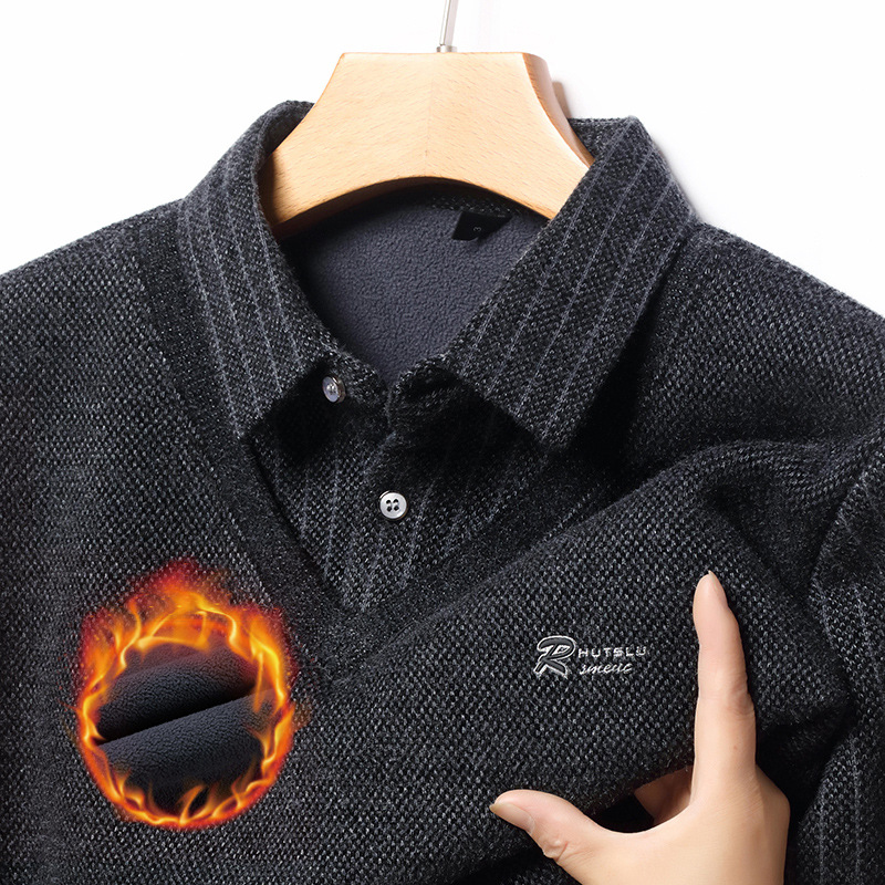 雪貂绒男士假两件毛衣2025冬季新款加绒加厚保暖翻领打底针织衫男高清大图