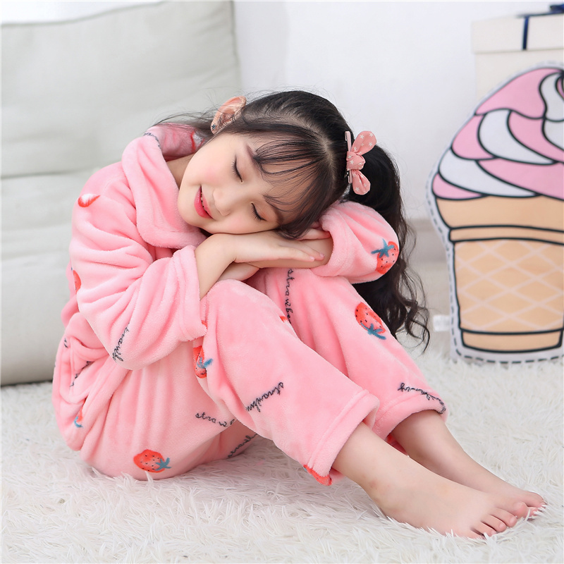 秋冬季法兰绒睡衣长袖套装珊瑚绒小孩男童男孩女童加厚家居服儿童