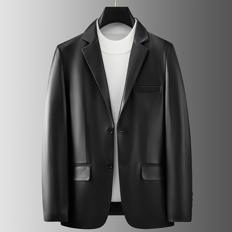 轻奢男装真皮皮衣男绵羊皮 中青年商务休闲修身西装领上衣黑色皮西装
